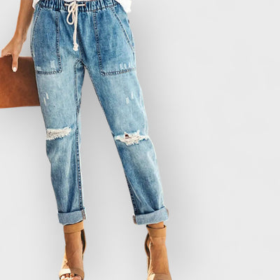 Autumn Drawstring Ripped Denim Pants