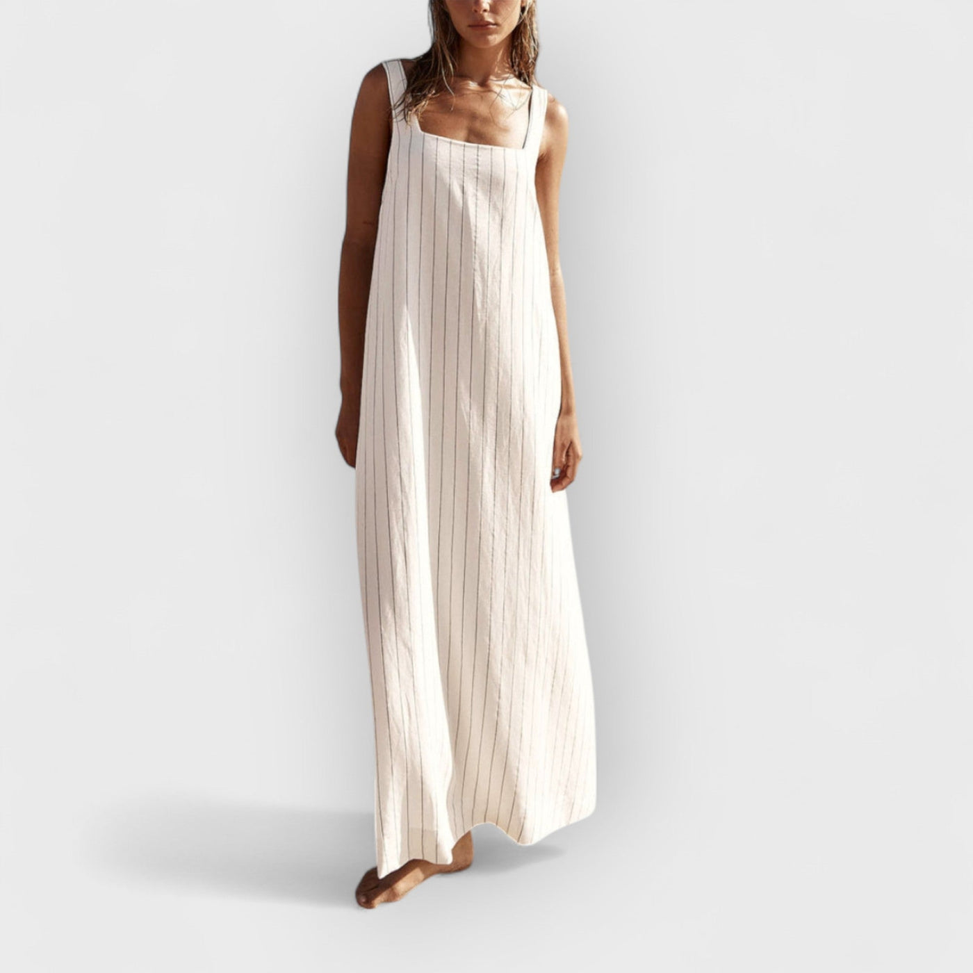 White With Charcoal Pinstripe Maxi Dress