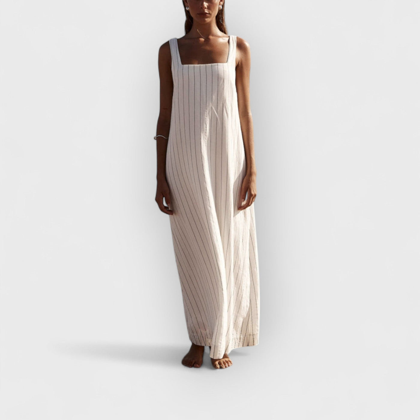 White With Charcoal Pinstripe Maxi Dress