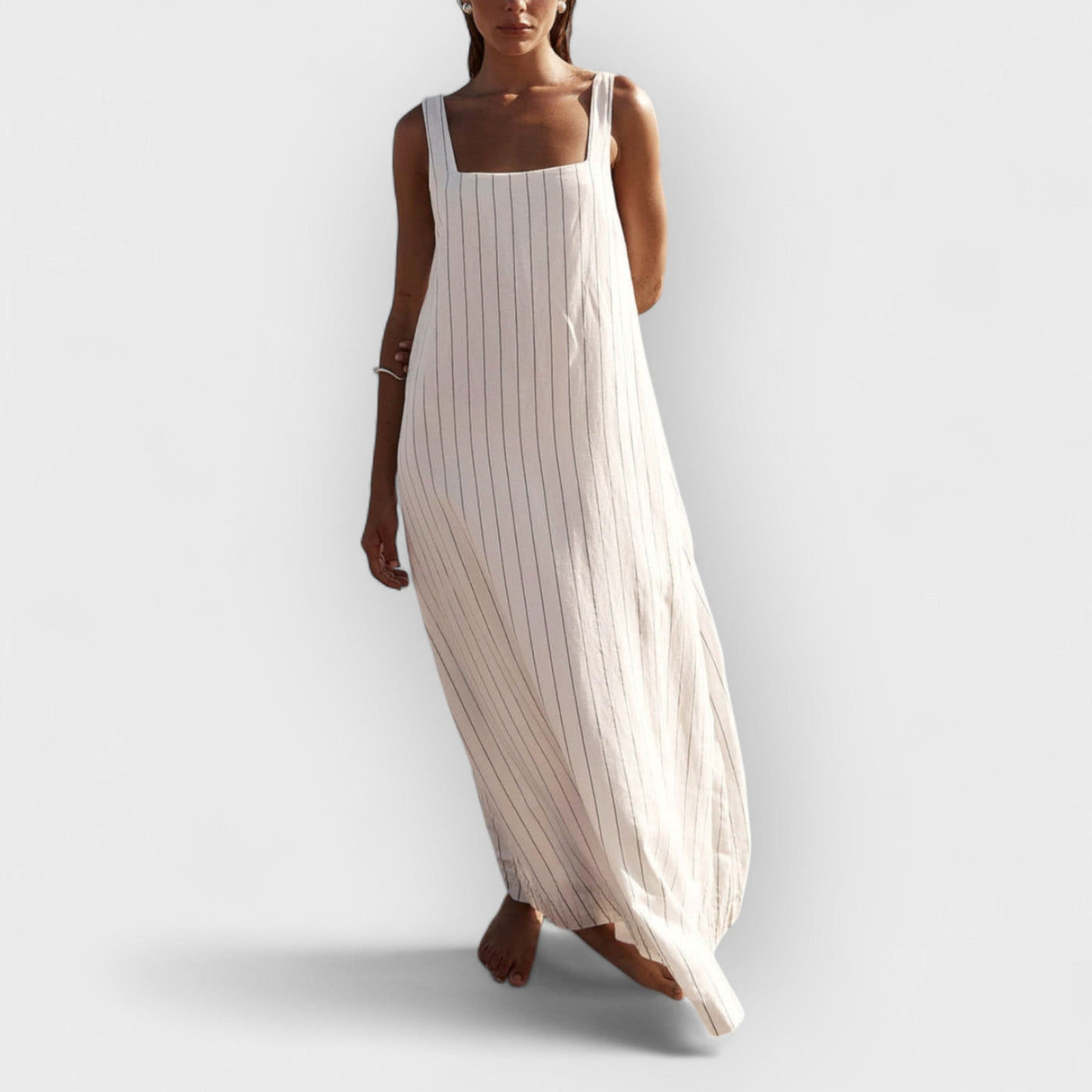White With Charcoal Pinstripe Maxi Dress