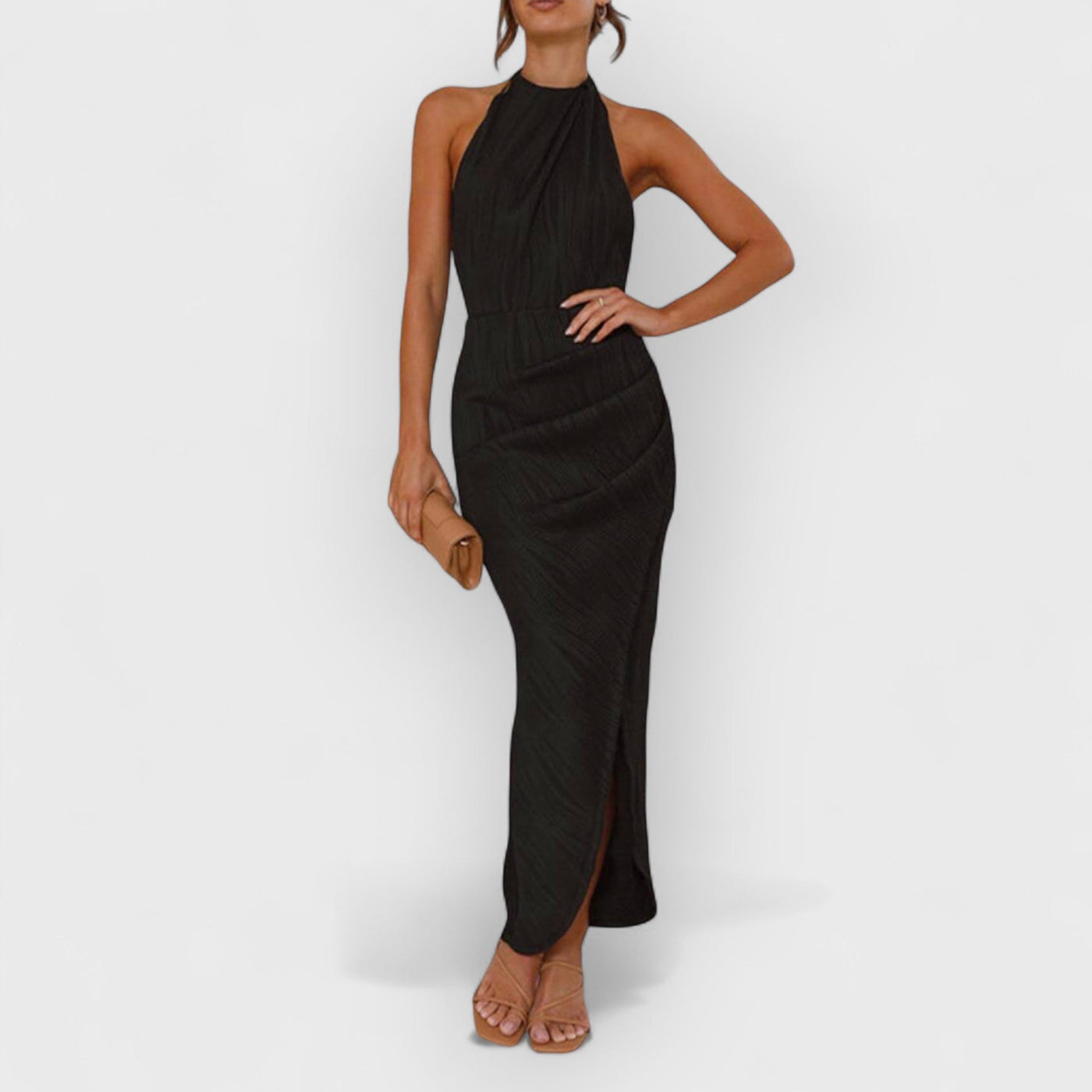 Unique Split Pleated Neckline Slim Maxi Dress