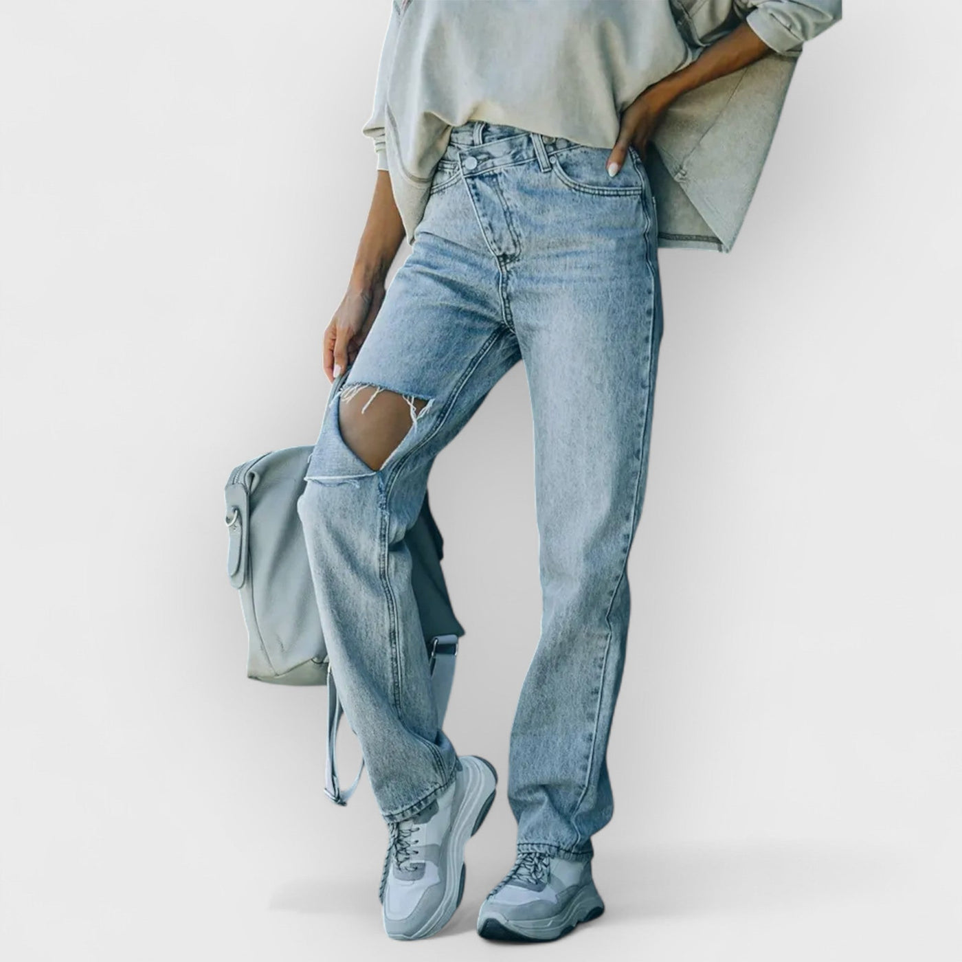 Trendy Asymmetric Distressed Denim Jeans