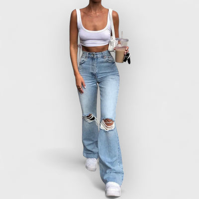 Flared Distressed Wide-Leg Jeans