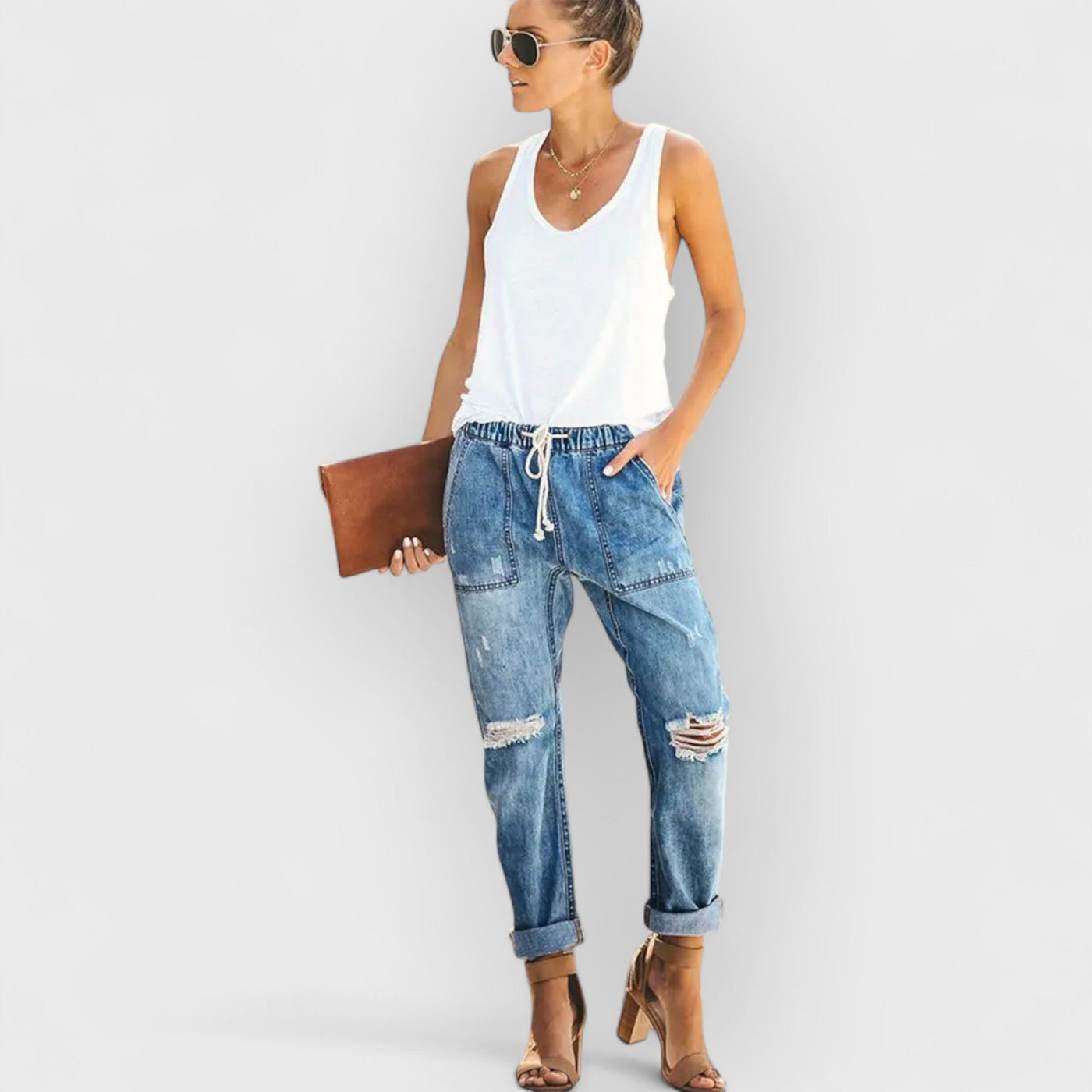 Autumn Drawstring Ripped Denim Pants