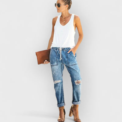 Autumn Drawstring Ripped Denim Pants
