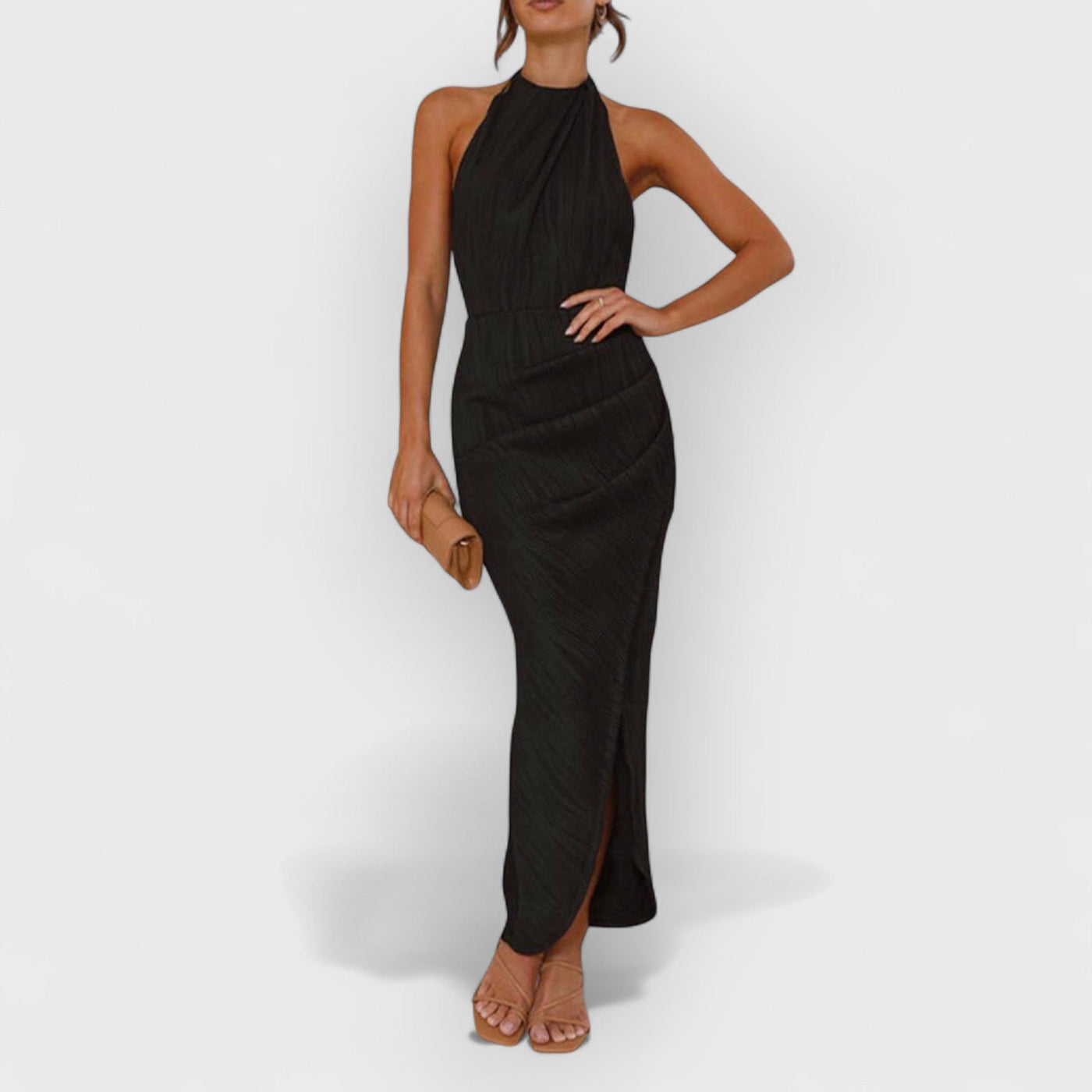 Unique Split Pleated Neckline Slim Maxi Dress