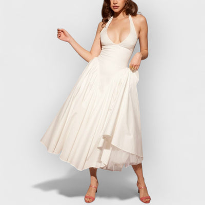 White Cotton Halter Midi Sundress