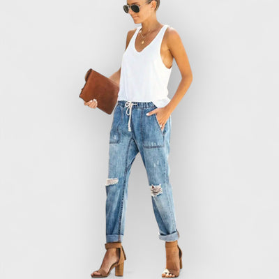 Autumn Drawstring Ripped Denim Pants