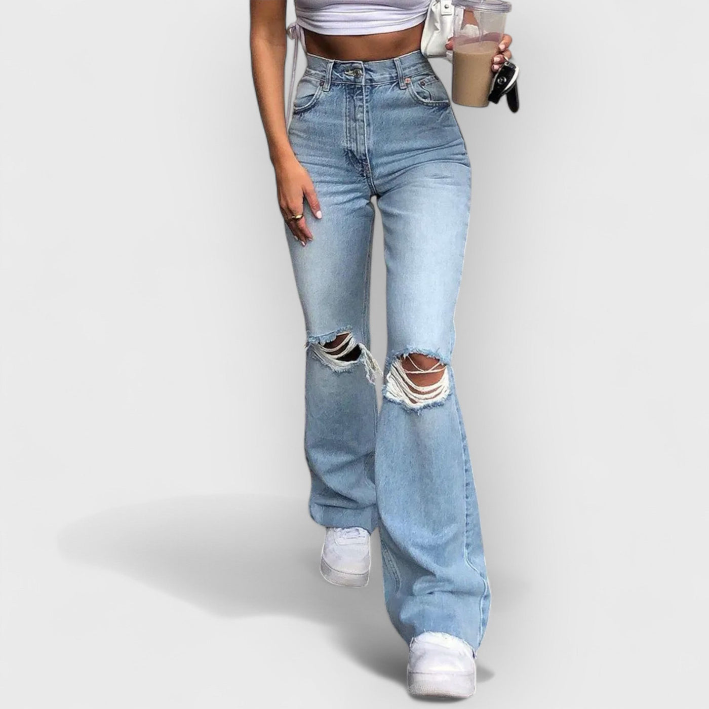Flared Distressed Wide-Leg Jeans