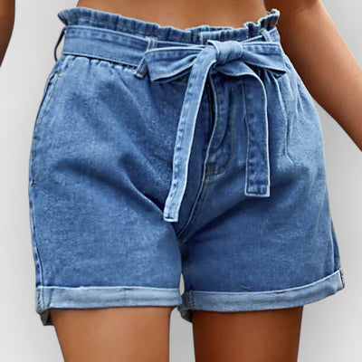 High-Waist Drawstring Denim Shorts with Bow