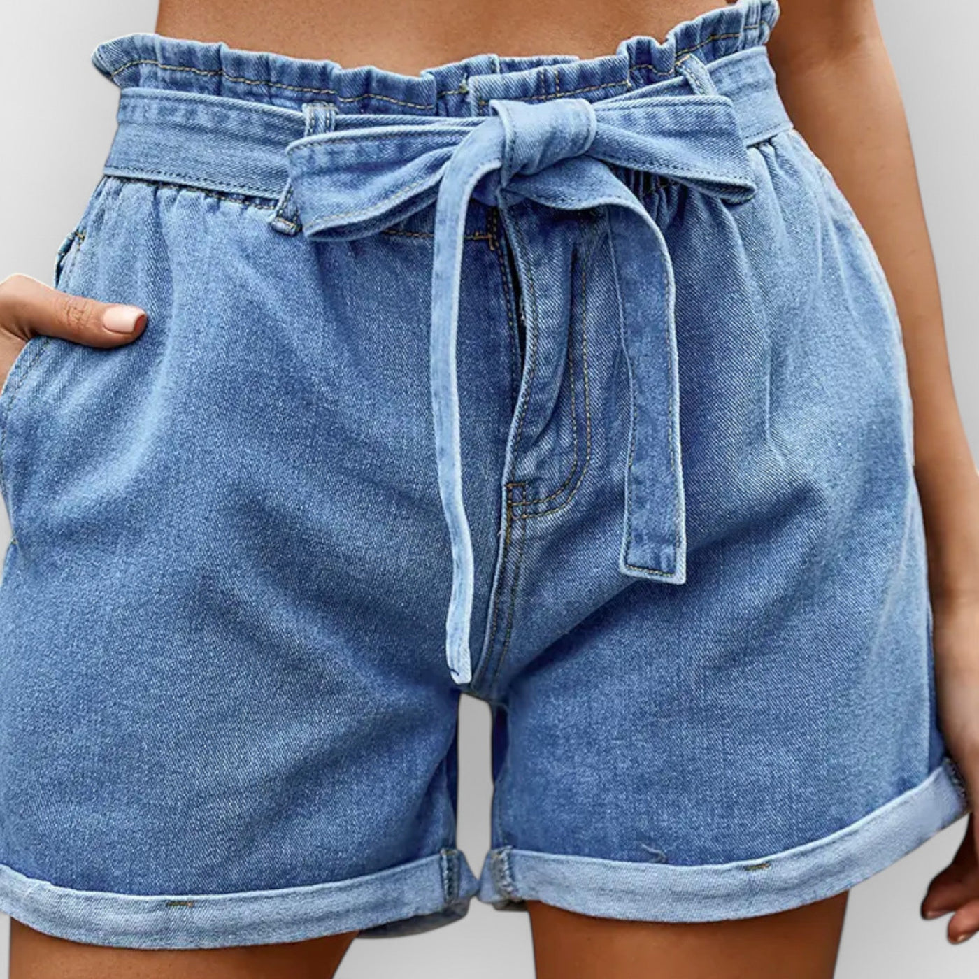 High-Waist Drawstring Denim Shorts with Bow
