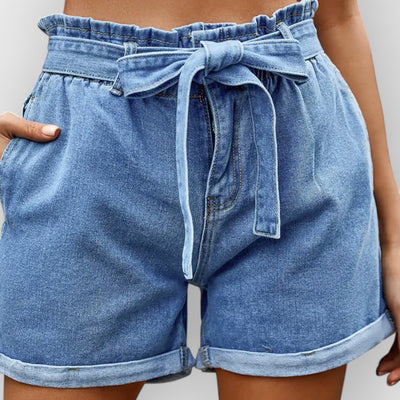 High-Waist Drawstring Denim Shorts with Bow
