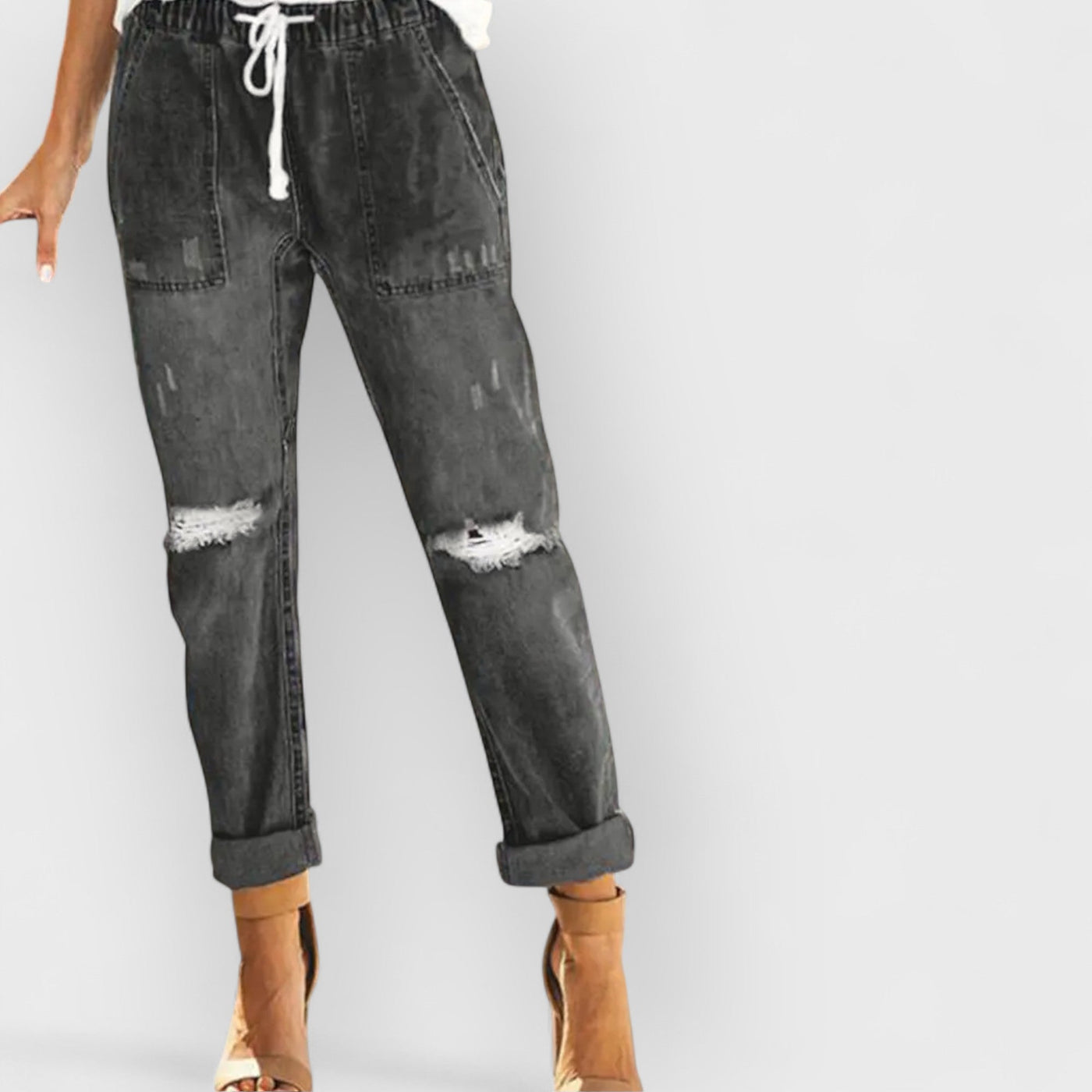 Autumn Drawstring Ripped Denim Pants