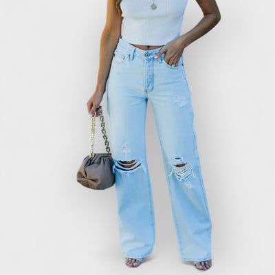 High-Waist Distressed Denim Pants