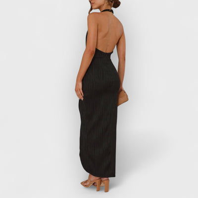 Unique Split Pleated Neckline Slim Maxi Dress