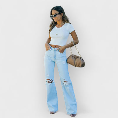 High-Waist Distressed Denim Pants