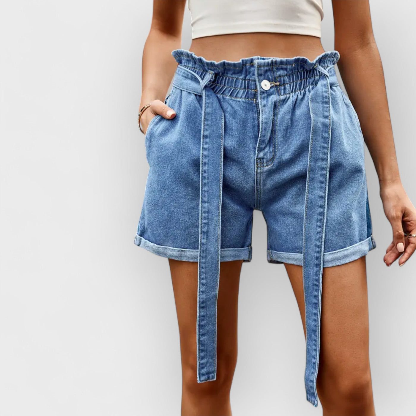 High-Waist Drawstring Denim Shorts with Bow