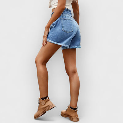 High-Waist Drawstring Denim Shorts with Bow