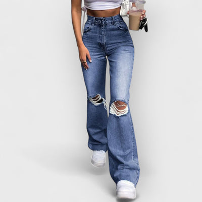 Flared Distressed Wide-Leg Jeans