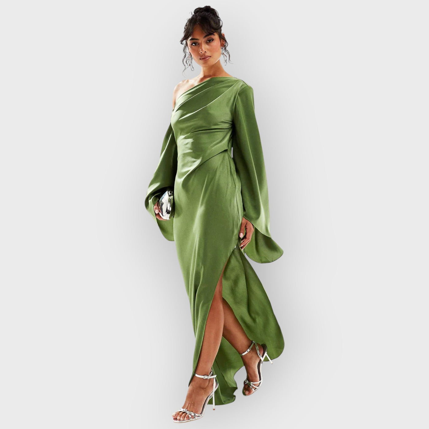 Green Asymmetrical Hem Satin Maxi Dress