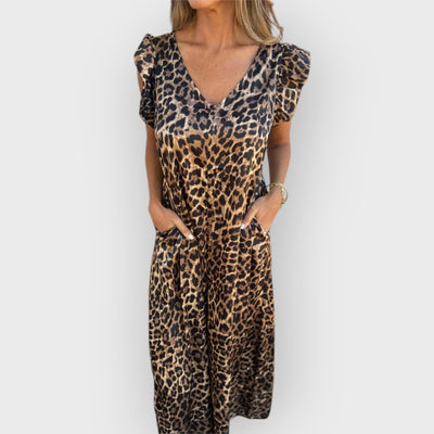 Leopard Print V-Neck Jumpsuit With Front Pockets