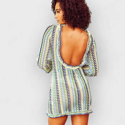 Ruffle Backless Crochet Mini Dress - Yellow & Blue