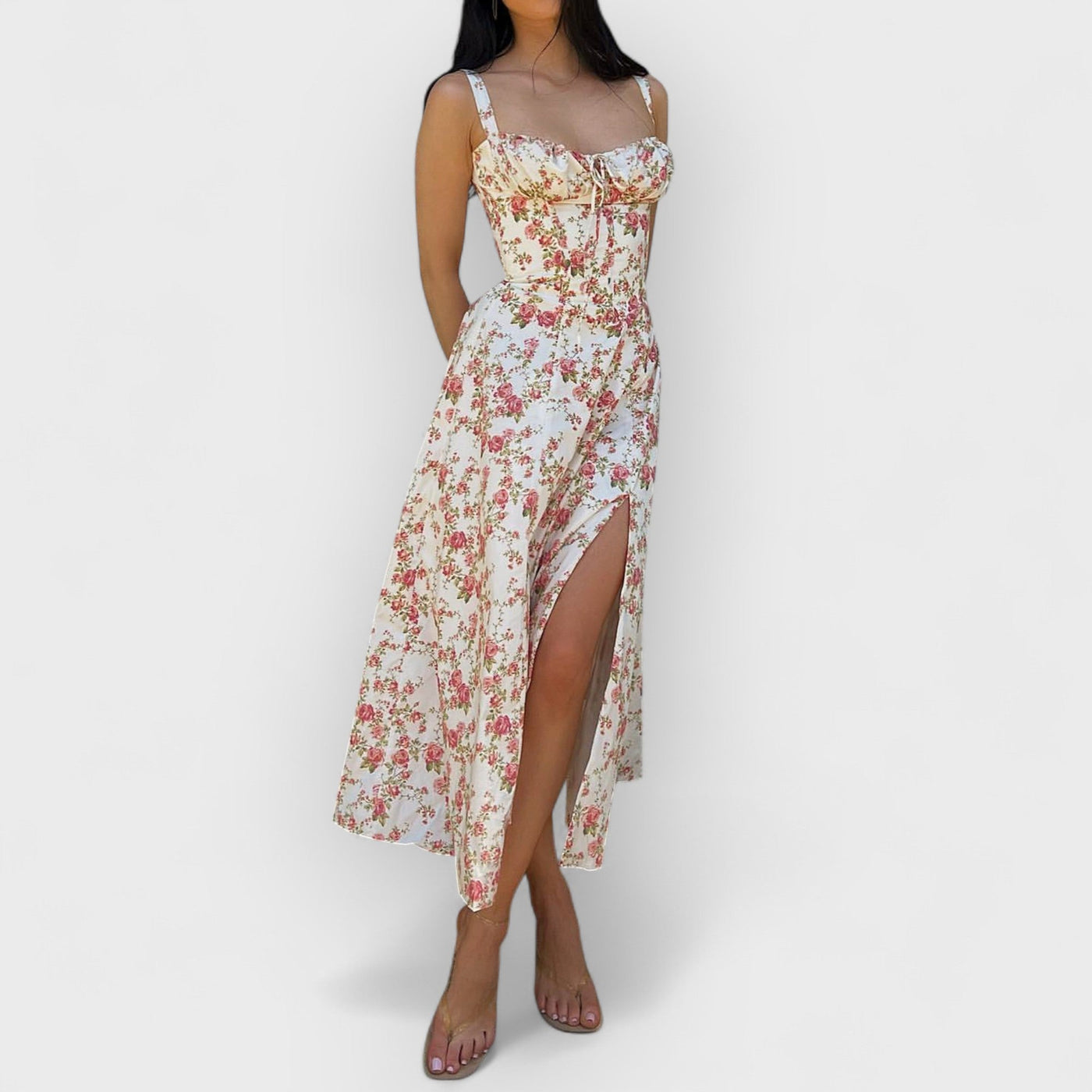 Rose Print Herringbone Slip Dress