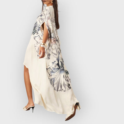 Oversized Floral Print High Neck Asymmetric Hem Midi Dress