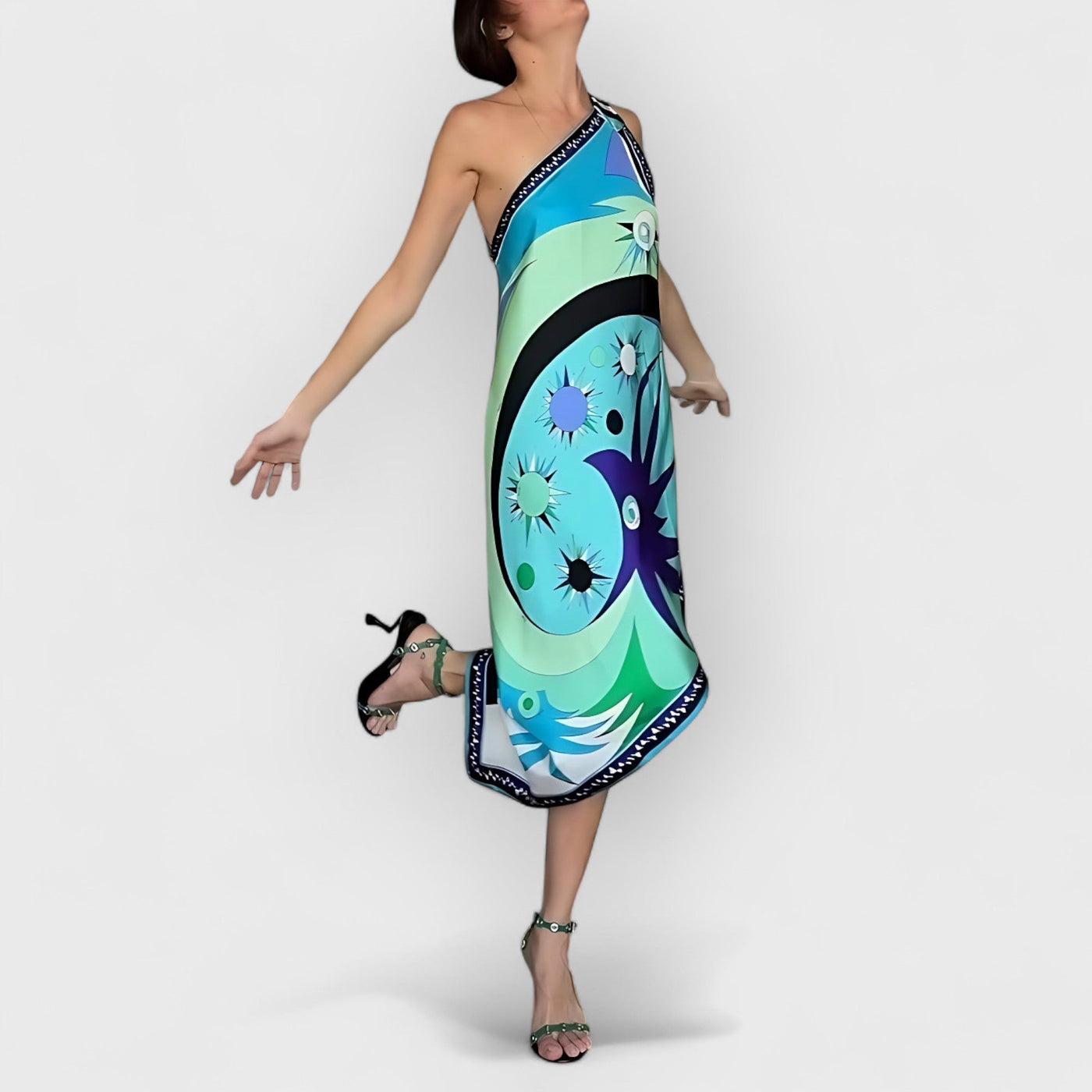 Stella Print Off-Shoulder Asymmetric Midi Dress