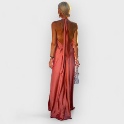 Satin  Elegant Maxi long Dress: Backless Halter Neck