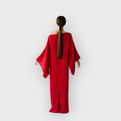 Crimson Linen Breeze Kimono Dress