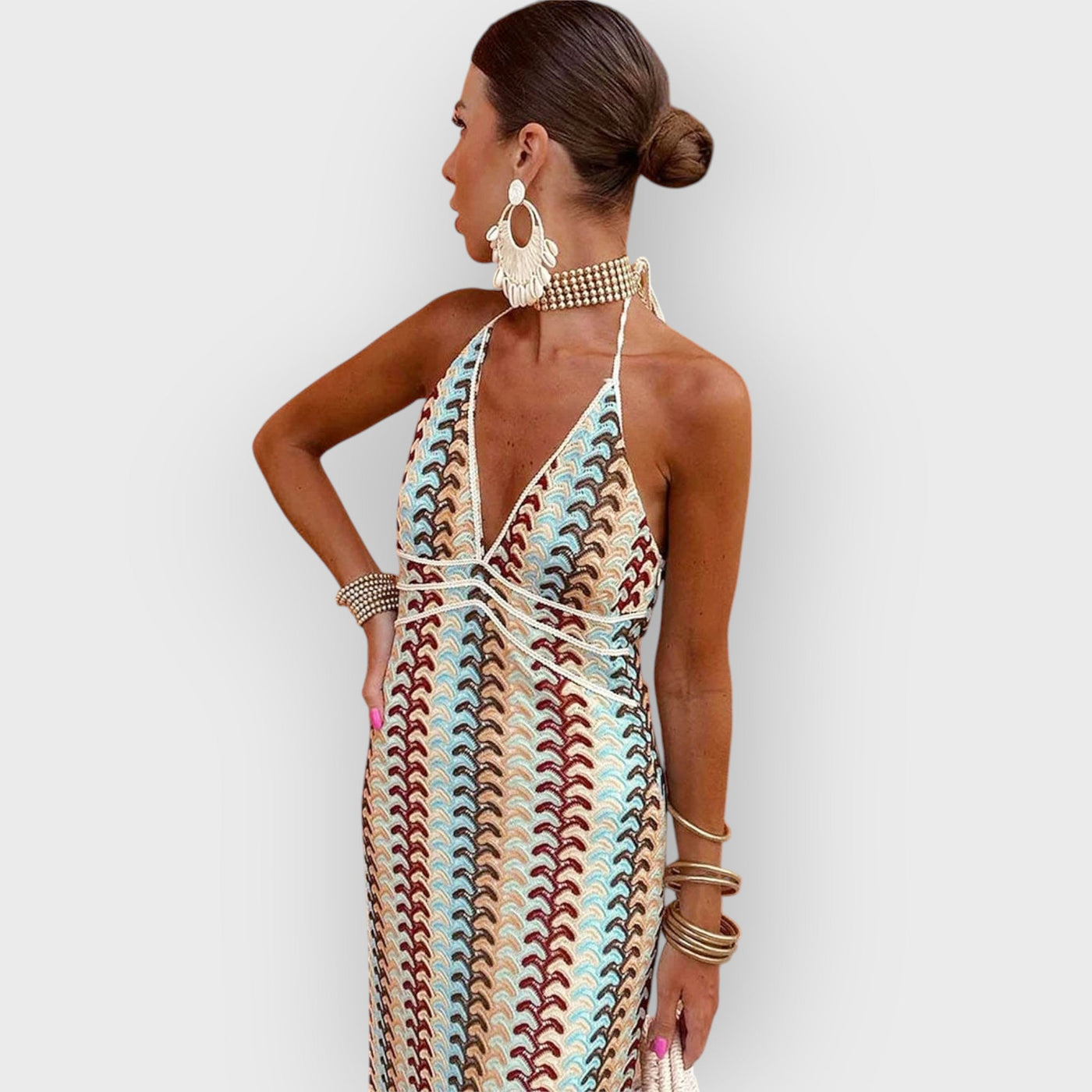 Halter V Neck Backless Boho Pattern Knit Slim-Fit Vacation Maxi Dresses-Beige