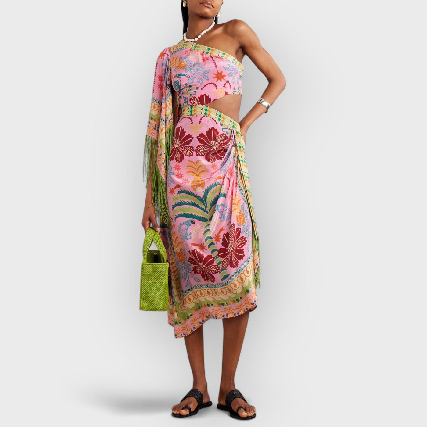 Fine Satin Art Palm Tree Floral Print Fringed Midi Dress