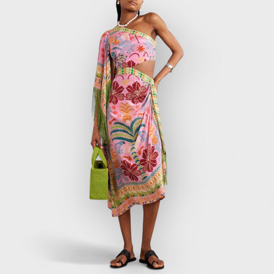 Fine Satin Art Palm Tree Floral Print Fringed Midi Dress