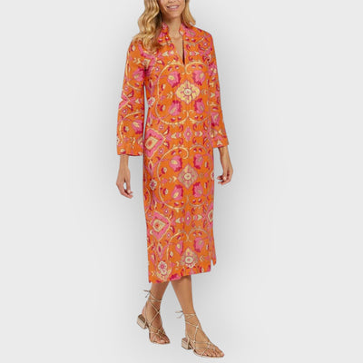Stand Collar Printed Midi Dress