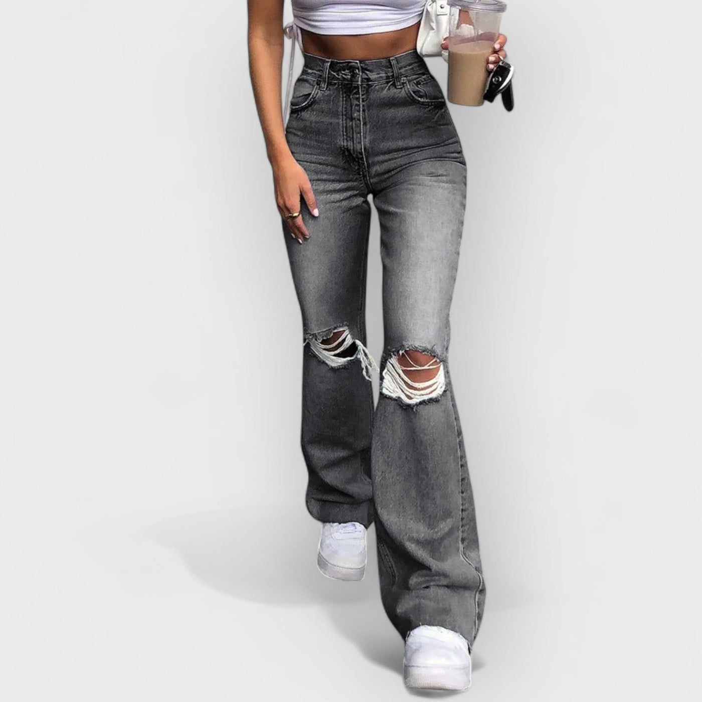 Flared Distressed Wide-Leg Jeans
