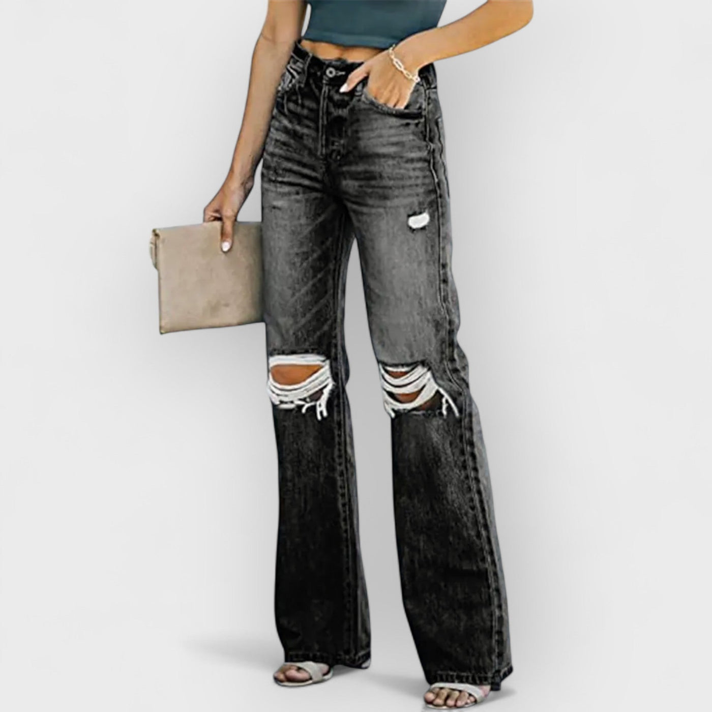 High-Waist Distressed Denim Pants