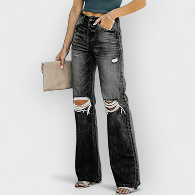 High-Waist Distressed Denim Pants