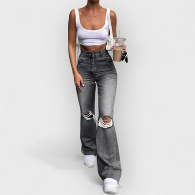 Flared Distressed Wide-Leg Jeans