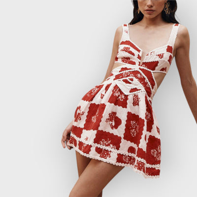 Floral Decorative Unique Print V-Neck Hollow A-Line Mini Dress