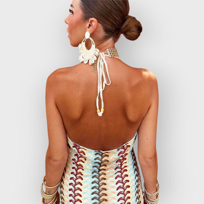 Halter V Neck Backless Boho Pattern Knit Slim-Fit Vacation Maxi Dresses-Beige