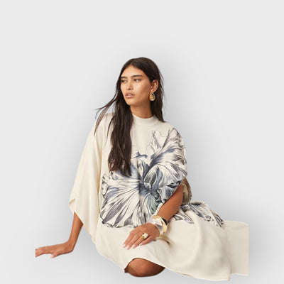 Oversized Floral Print High Neck Asymmetric Hem Midi Dress