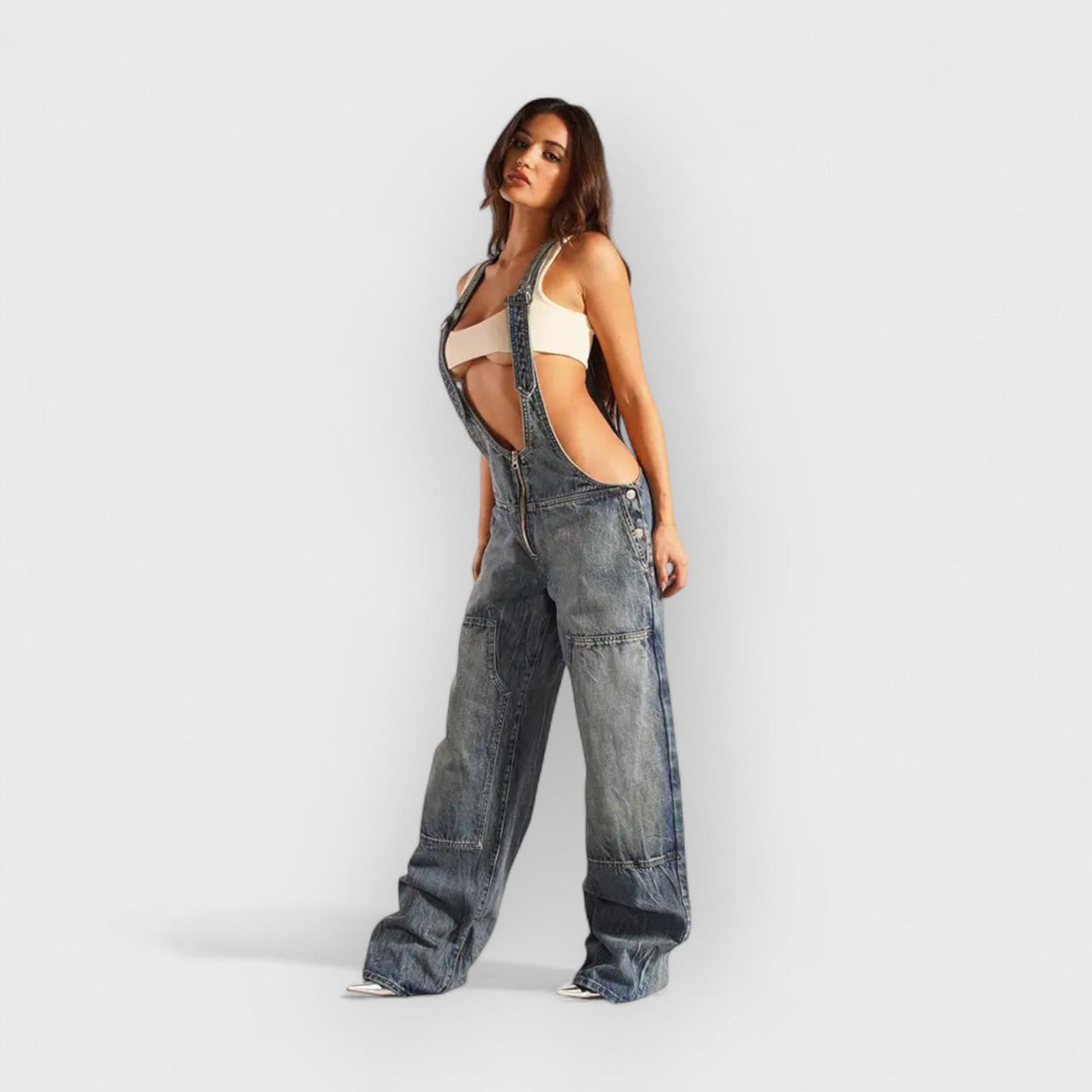 Zipper Strap Denim Jumpsuit