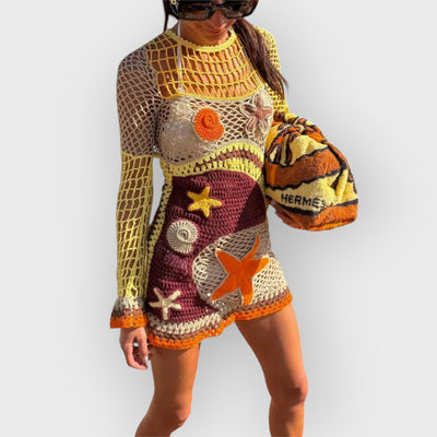 Coral Reef-Inspired Pattern Crochet Mini Dress