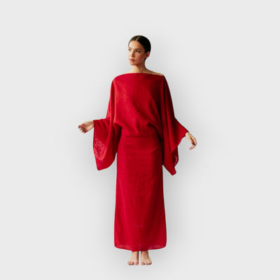 Crimson Linen Breeze Kimono Dress
