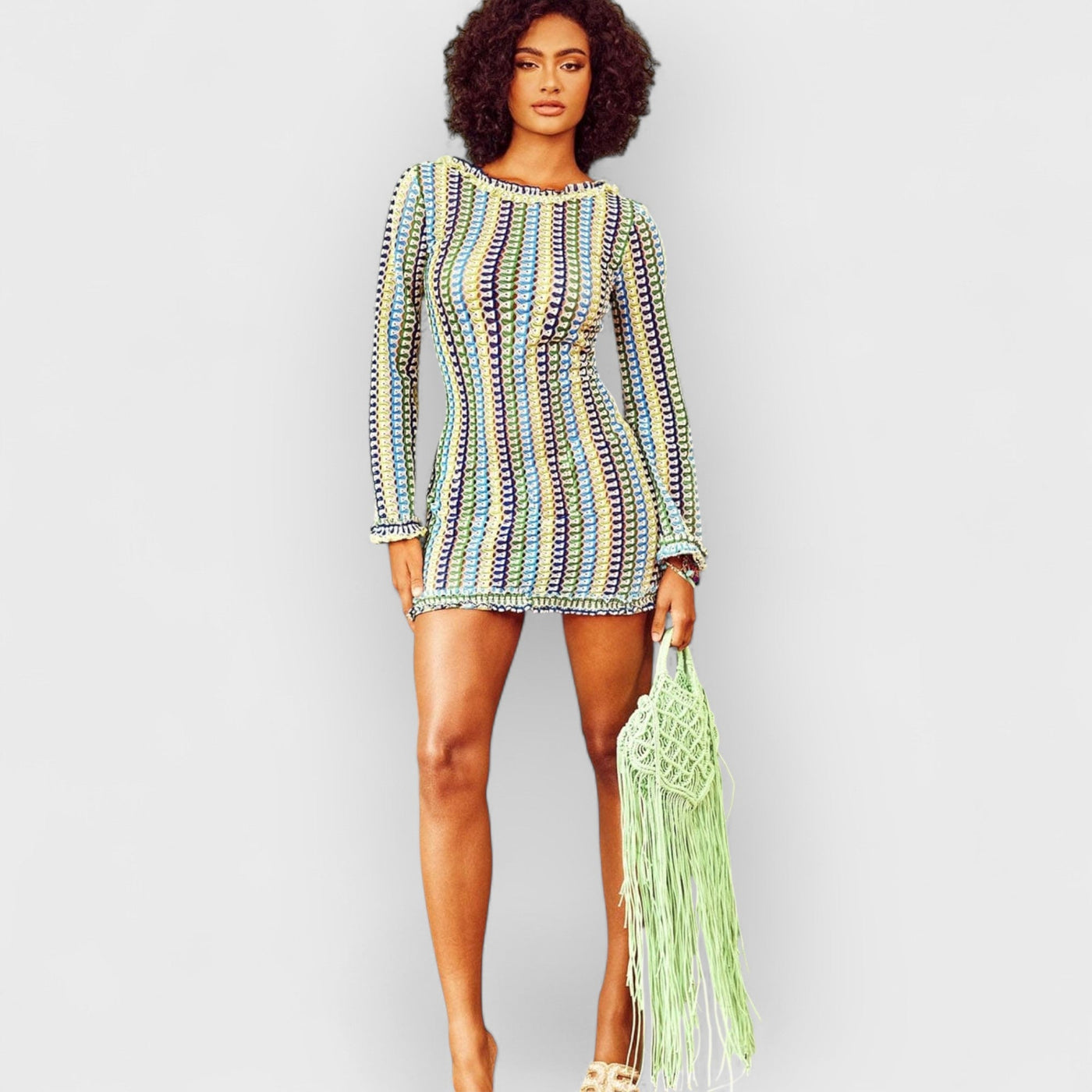 Ruffle Backless Crochet Mini Dress - Yellow & Blue
