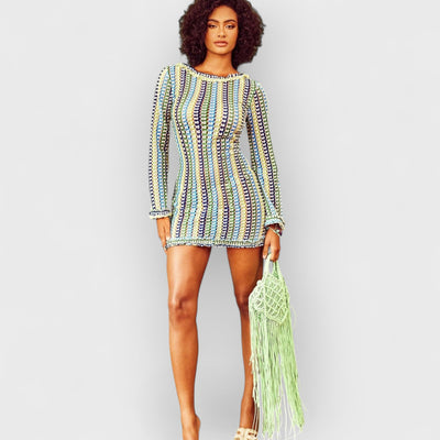 Ruffle Backless Crochet Mini Dress - Yellow & Blue