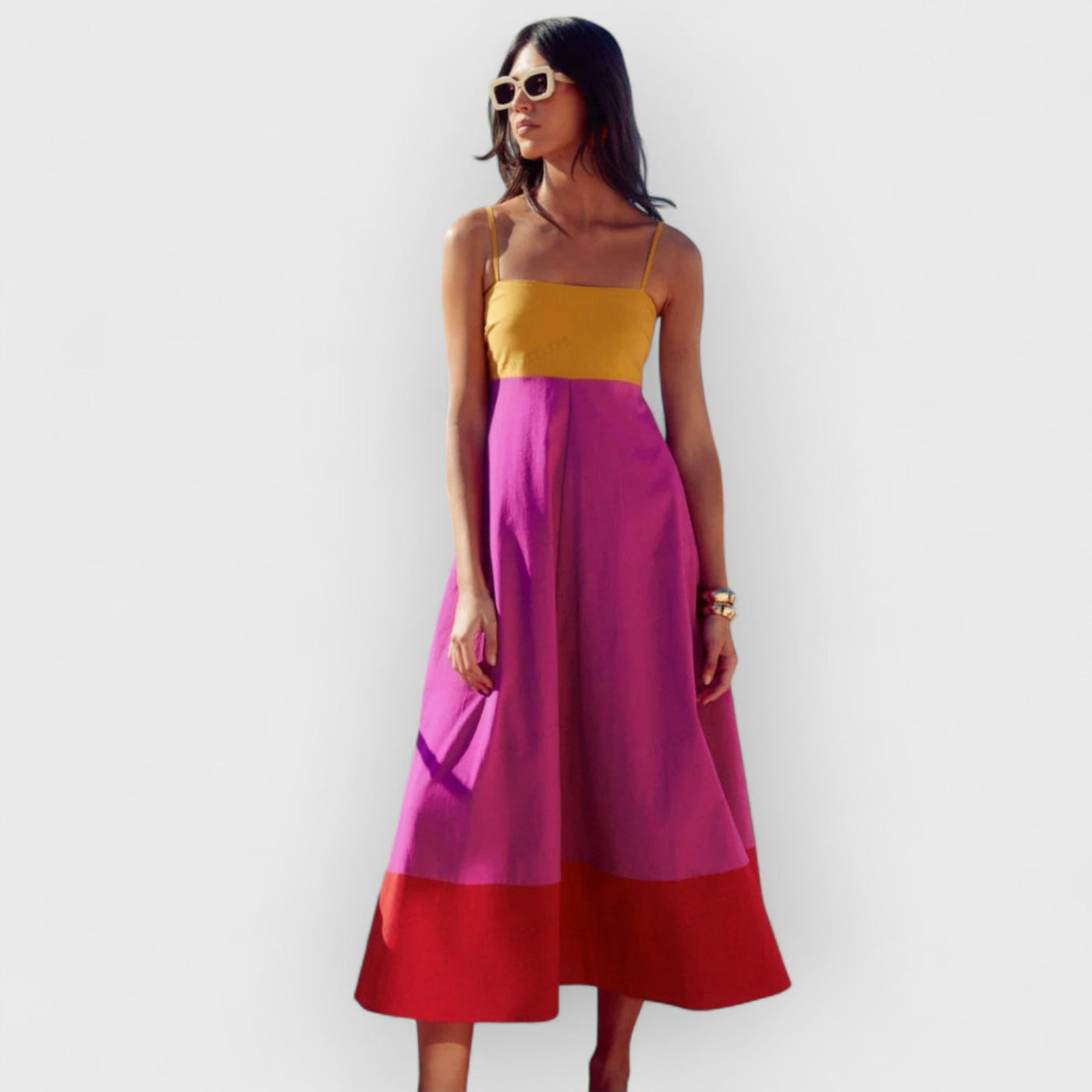 Vacation-Style Color Block Spaghetti Strap Dress