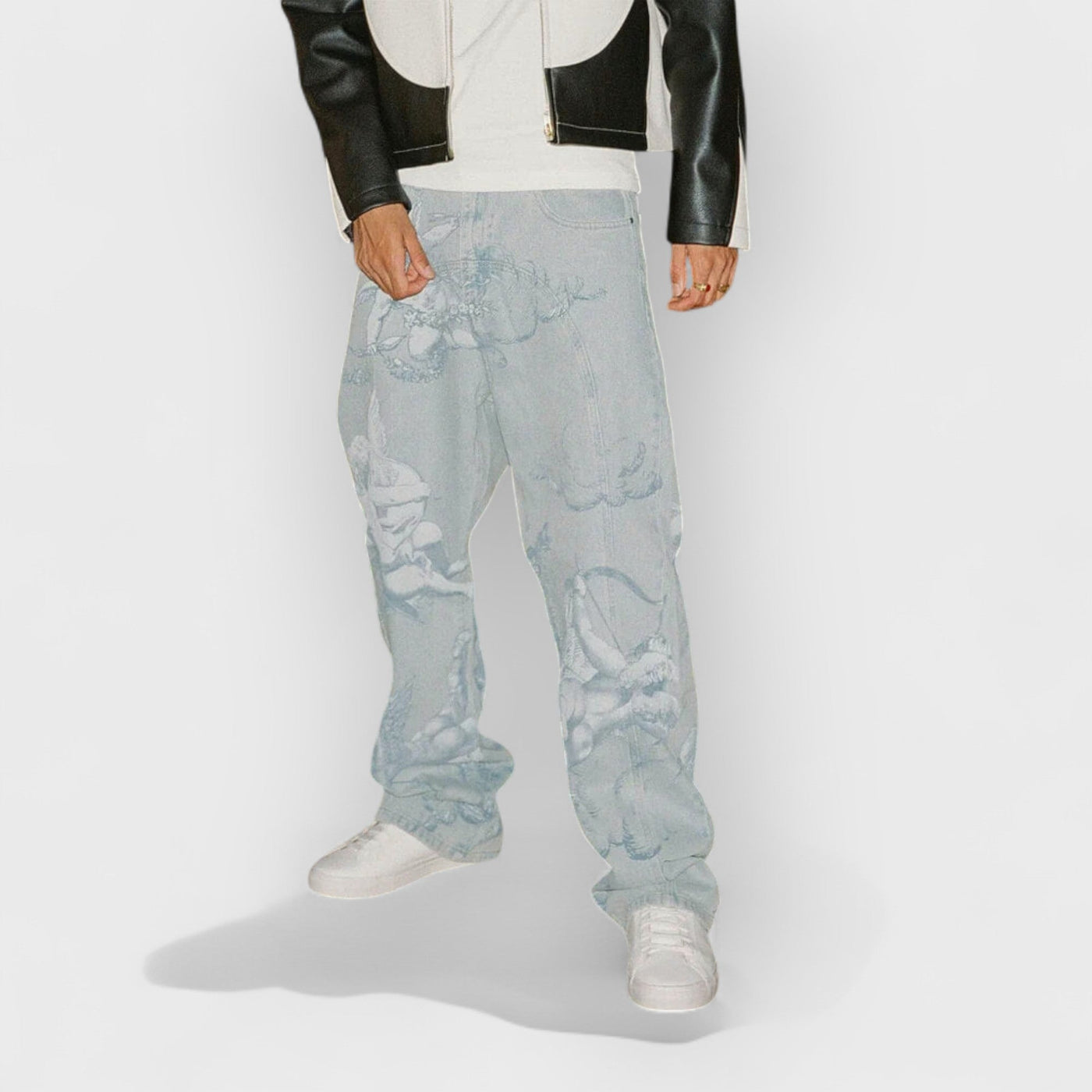 Cupid Print Washed Blue Jeans