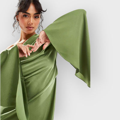 Green Asymmetrical Hem Satin Maxi Dress